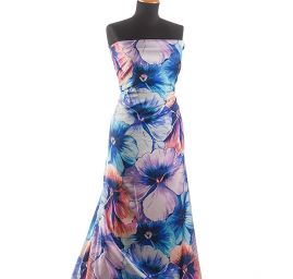 Saténová látka tisk velké květy macešky modré