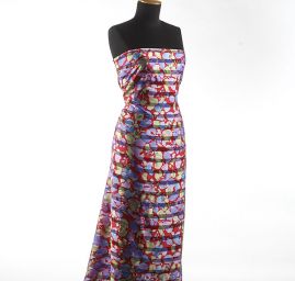 Satén šifon květinový vzor červenomodrý