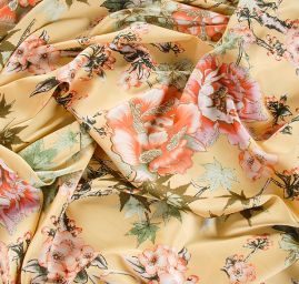 Imitace hedvábí pružný atlas květinový vzor  žlutá