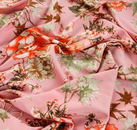 Imitace hedvábí pružný atlas květinový vzor růžová