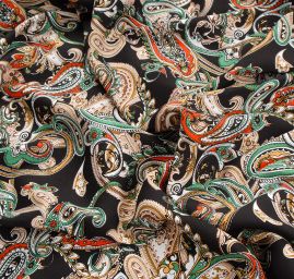 Viskozová šatová látka paisley vzor černá oranžová