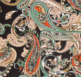 Viskozová šatová látka paisley vzor černá oranžová