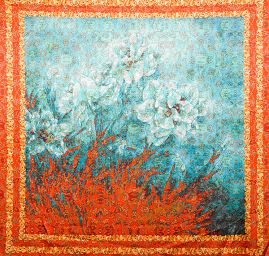 Atlas motiv fragmenty květin a listů červená/modrá