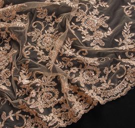 Krajka výšivka na tylu s korálky rokajlem béžovohnědá