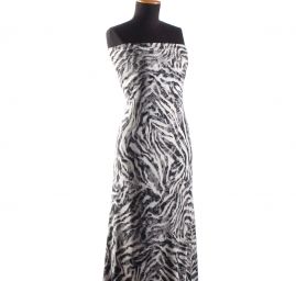 Viskozová šatová látka zvířecí vzor bíločerné pruhy II.jakost