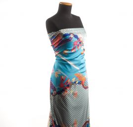 Imitace hedvábí pružný atlas Retro Birds tyrkys