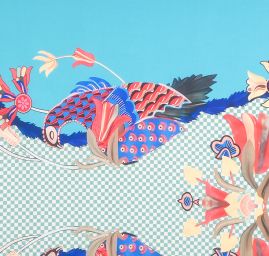 Imitace hedvábí pružný atlas Retro Birds tyrkys