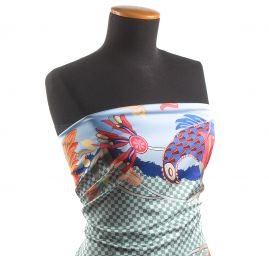 Imitace hedvábí pružný atlas Retro Birds modrá