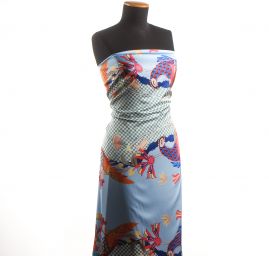 Imitace hedvábí pružný atlas Retro Birds modrá