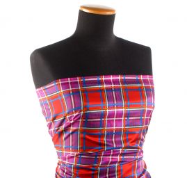 Viskozová šatová látka vzor káro fialová/oranžová