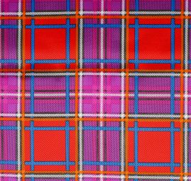 Viskozová šatová látka vzor káro fialová/oranžová