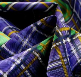 Viskozová šatová látka vzor káro fialová/zelená