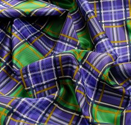 Viskozová šatová látka vzor káro fialová/zelená
