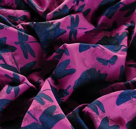 Taft žakár motýlci vážky fialovo/modrý