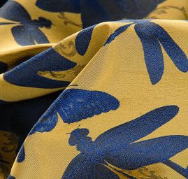 Taft žakár motýlci vážky žlutý/modrý