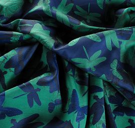 Taft žakár motýlci vážky zelený/modrý