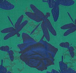 Taft žakár motýlci vážky zelený/modrý