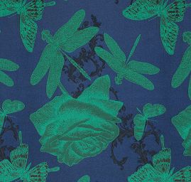 Taft žakár motýlci vážky zelený/modrý