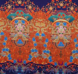 Hedvábný satén draci kupón tm.modrý