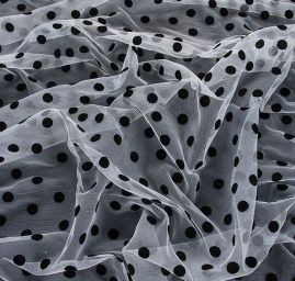 Tyl šatový sametový flock puntík bílá/černá