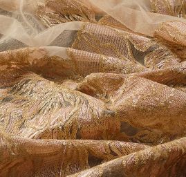 Krajka flitrová výšivka na tylu béžovozlatorůžová