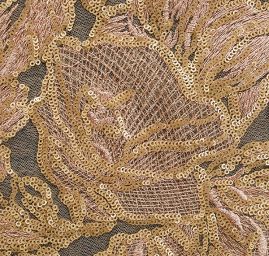 Krajka flitrová výšivka na tylu béžovozlatorůžová