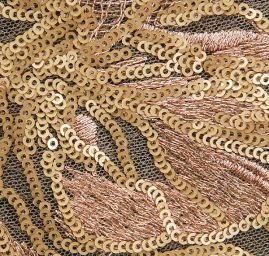 Krajka flitrová výšivka na tylu béžovozlatorůžová