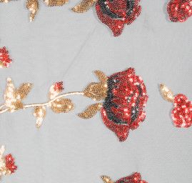 Krajka flitrová výšivka na černém tylu červenozlatá