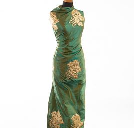 Taft hladký květinový zlatý vzor šanžán tyrkys/okrová