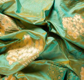 Taft hladký květinový zlatý vzor šanžán tyrkys/okrová