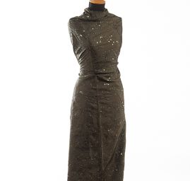 Taft květinová výšivka/flitry khaki zelený