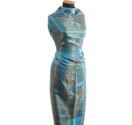 Látka brokát zlatý orientální motiv na tyrkysovém podkladu