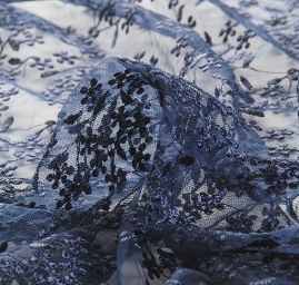 Krajka tylová drobná výšivka tmavě modrá