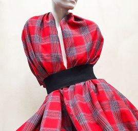 Len pružný košilový vzor tartan červený