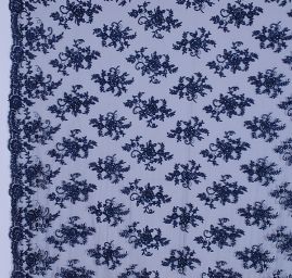 Efektní krajka výšivka na tylu s korálky/flitry tm.modrá