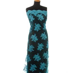 Krajka jemná výšivka na vzorovém tylu tyrkys modrá