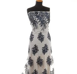 Krajka efektní lurexová výšivka tm.modrá/bílá