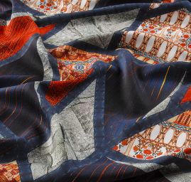 Viskozová šatová látka tisk patchwork modročervená