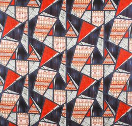 Viskozová šatová látka tisk patchwork modročervená