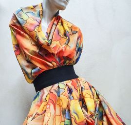 Viskozová šatová látka tisk abstraktní vzor akvarel