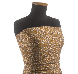 Viskozová šatová látka květy drobné květy okrová