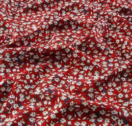 Viskozová šatová látka květy drobné květy malinová