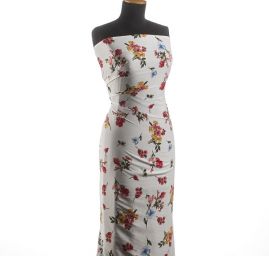 Viskozová šatová látka tisk květin bílá