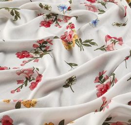 Viskozová šatová látka tisk květin bílá