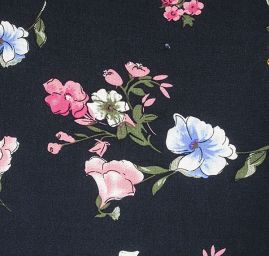 Viskozová šatová látka tisk květin tm.modrá