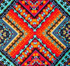 Viskozová šatová látka etno vzor tyrkysovočervená