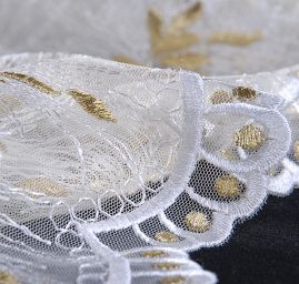 Efektní krajka s nevšedními květy  bílá/zlatá
