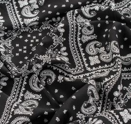 Viskozová šatová látka paisley vzor bílá/černá