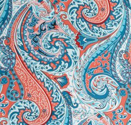 Viskozová šatová látka tisk paisley vzor cihlovomodrý