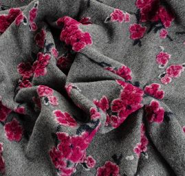 Art textil vařená vlna vzor květů višně šedá